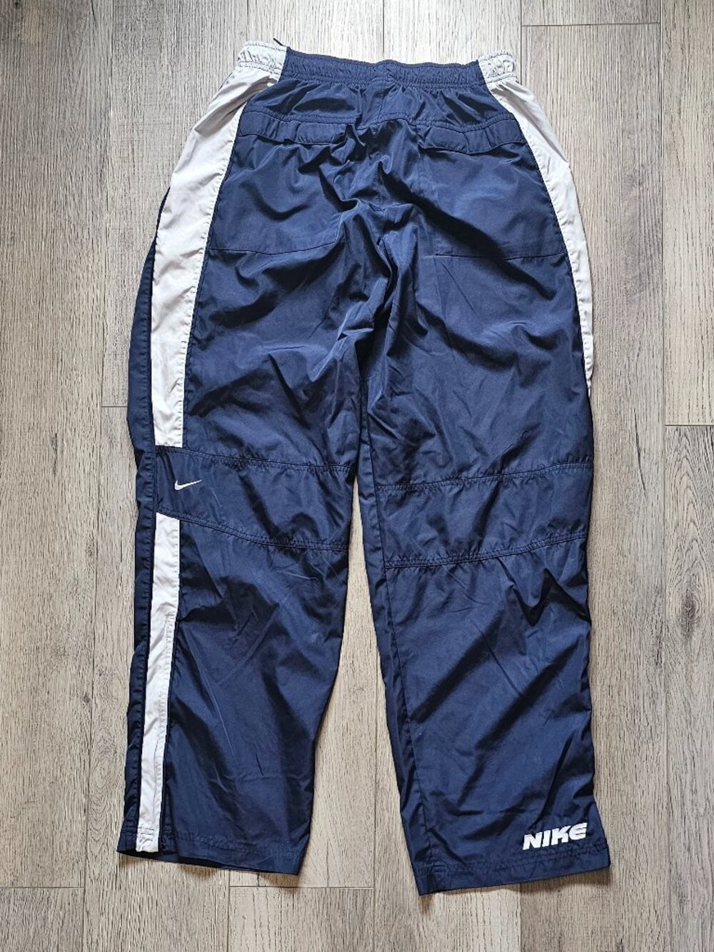 Y2K Vintage Nike Mens L Navy Blue White Side Stripe Nylon Track Pants Ankle Zip